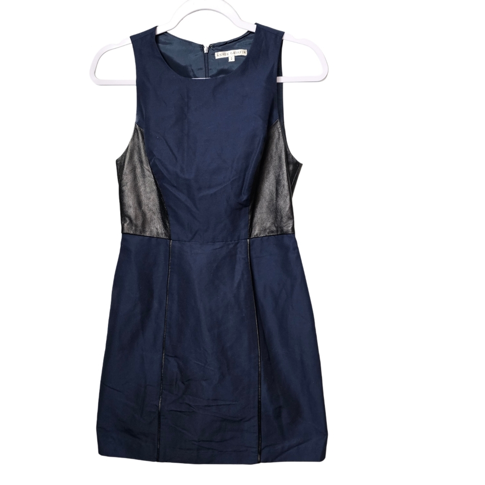 Elegant Annie Griffin Navy Blue Dress with Black Leather Accents - Size 2
